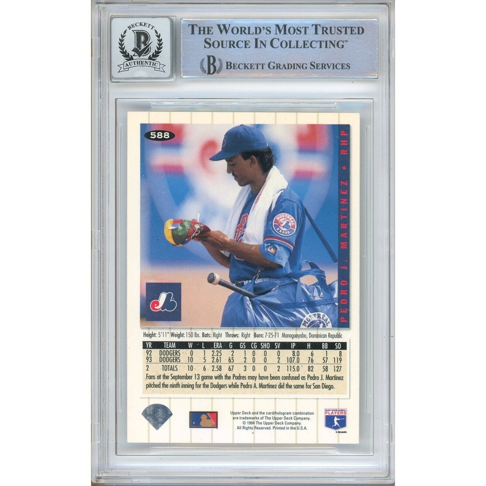 Pedro Martinez Montreal Expos Signed Trading Card Beckett BGS