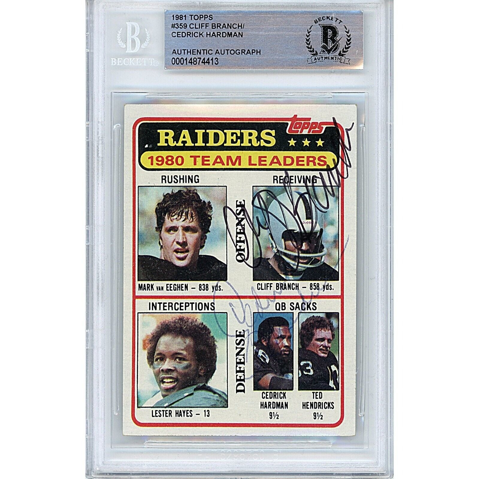 Footballs- Autographed- Cliff Branch and Cedrick Hardman Oakland Raiders Signed 1981 Topps Football Card Beckett Authentic Auto Slab Front