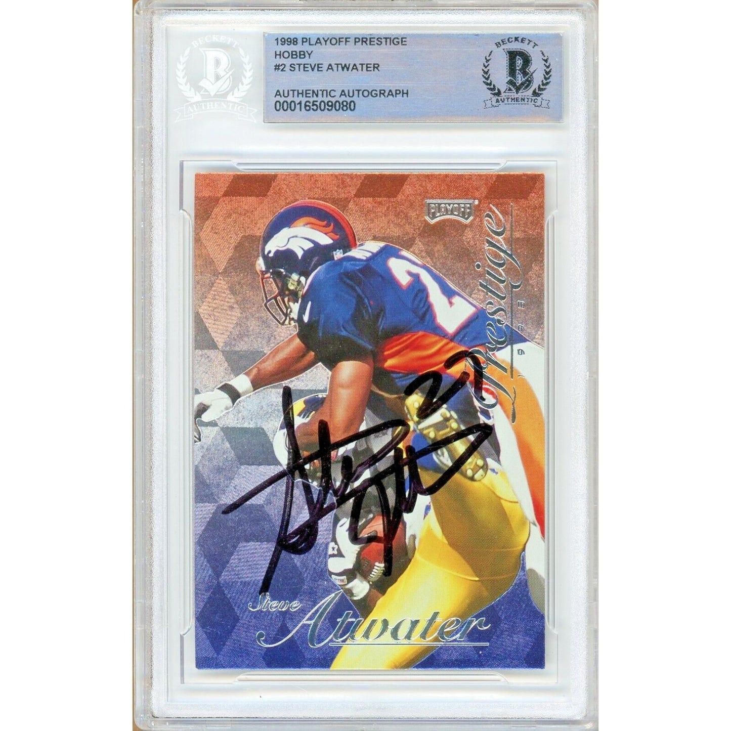 Footballs- Autographed- Steve Atwater Denver Broncos Signed 1998 Playoff Prestige Hobby Trading Card Beckett Authentic Auto Slab Front