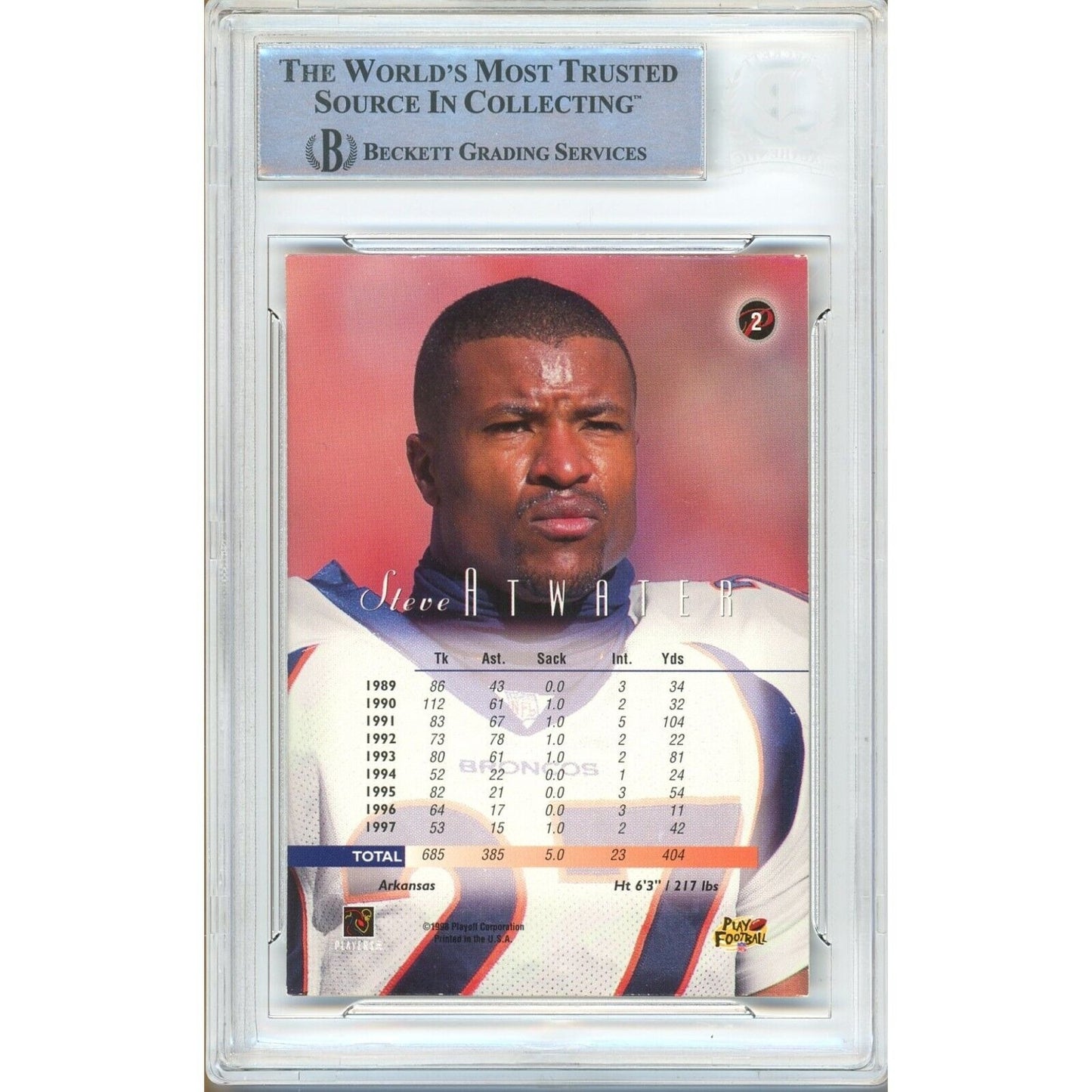 Footballs- Autographed- Steve Atwater Denver Broncos Signed 1998 Playoff Prestige Hobby Trading Card Beckett Authentic Auto Slab Back