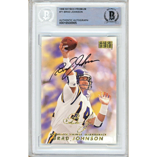 Footballs- Autographed- Brad Johnson Minnesota Vikings Signed 1998 Skybox Premium Football Card Beckett Authentic Auto Slab Front