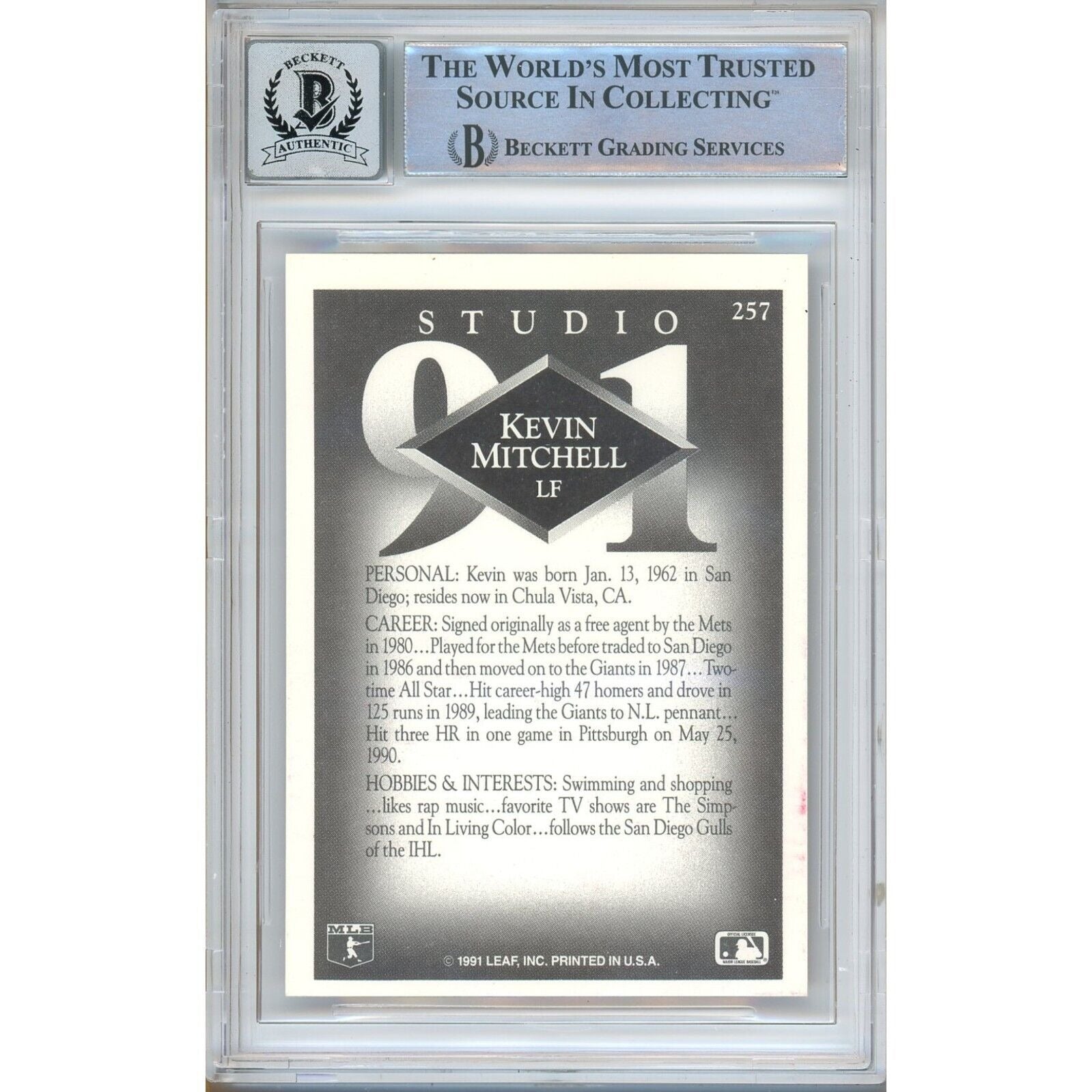 Kevin Mitchell Donruss Studio Signed Trading Card Beckett BGS