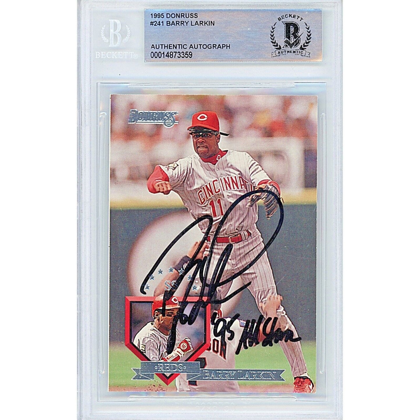 Baseballs- Autographed- Barry Larkin Cincinnati Reds Signed 1995 Donruss Baseball Card Beckett Authentic Auto Slab Front