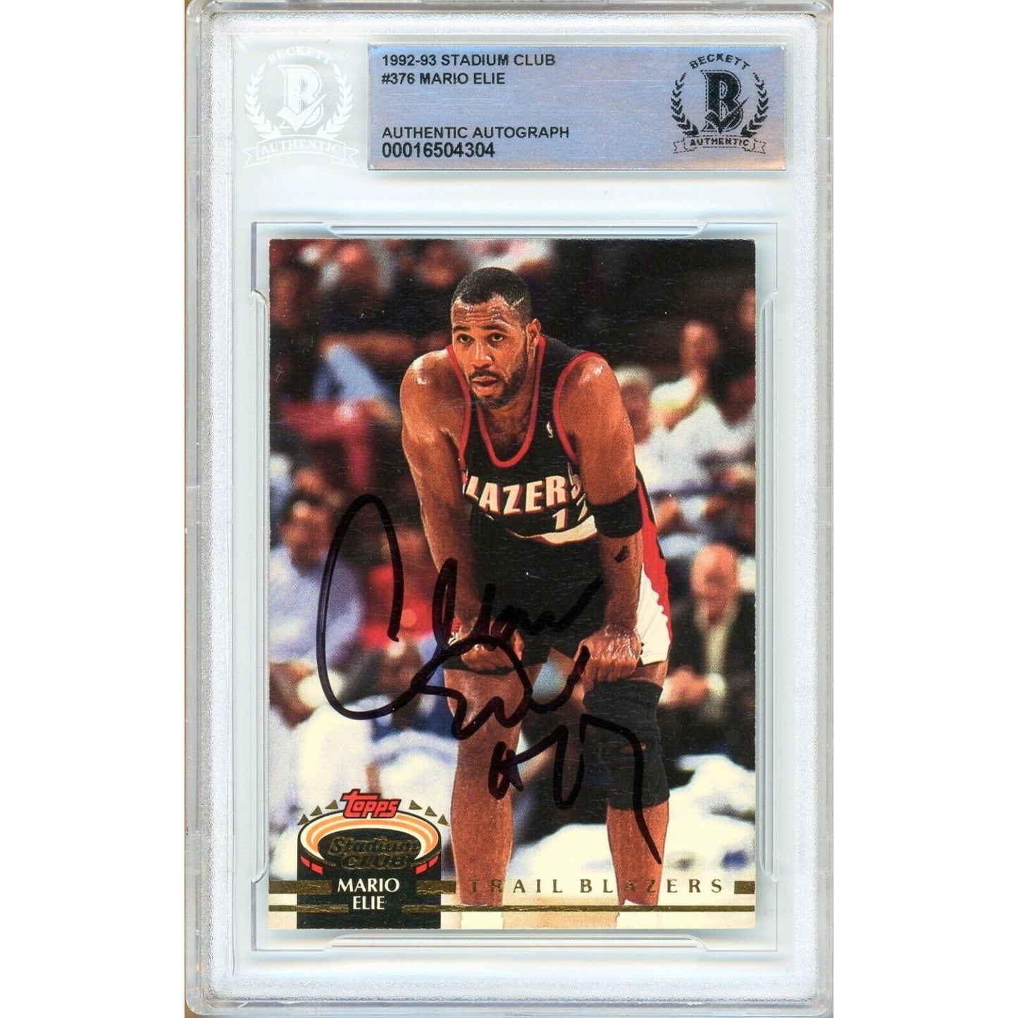 Basketballs- Autographed- Mario Elie Portland Trail Blazers Signed 1992-93 Topps Stadium Club Basketball Card Beckett Authentic Auto Slab Front