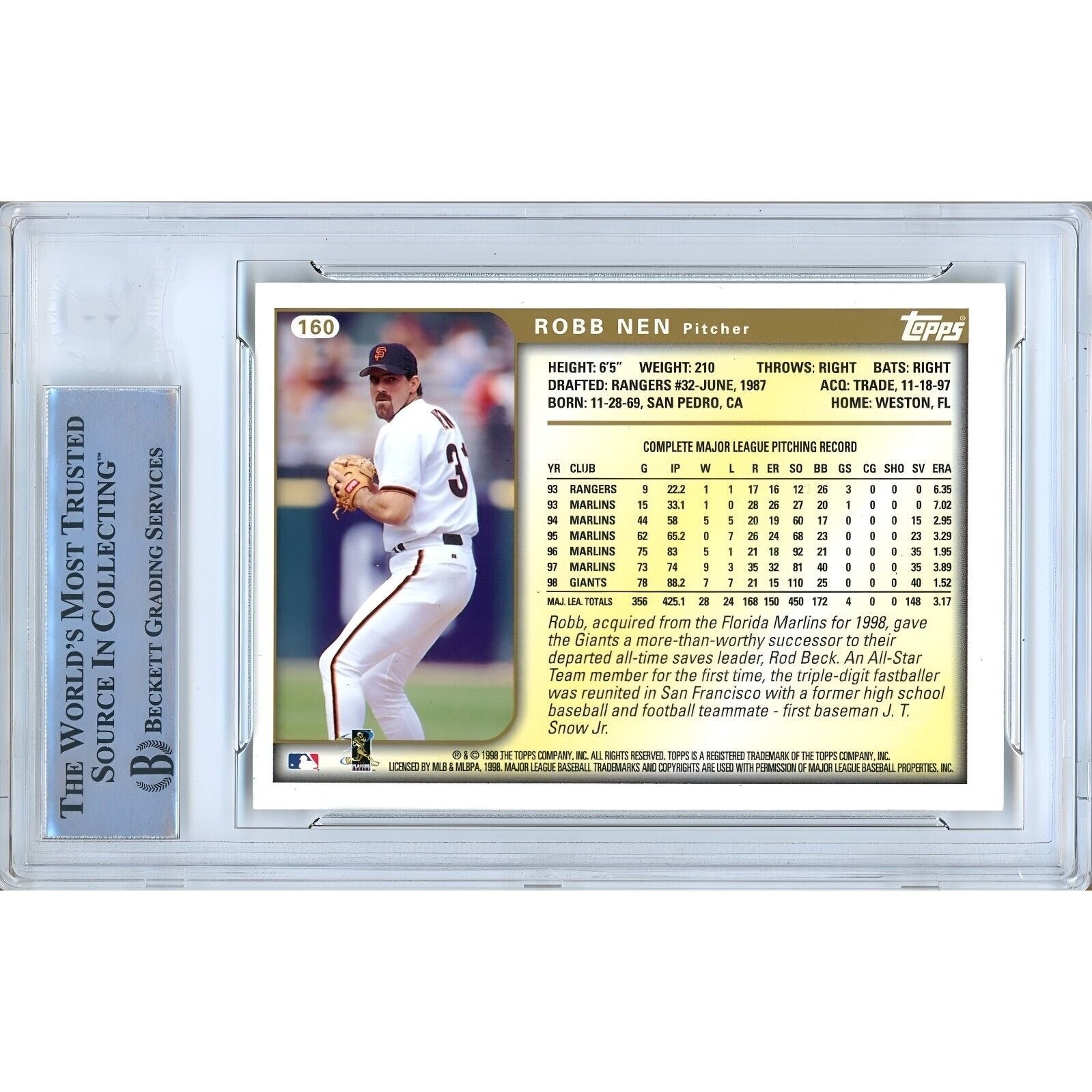 Robb Nen San Francisco Giants signed trading card – signature close-up – Beckett COA