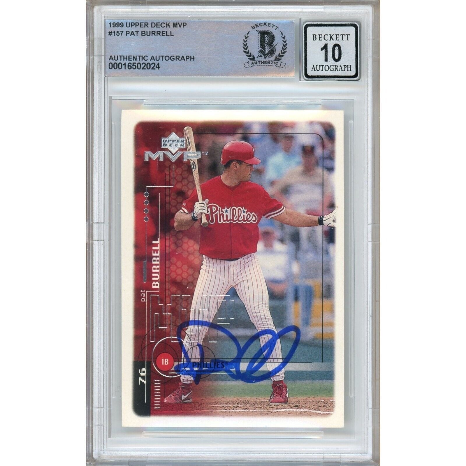 Pat Burrell Phillies autographed trading card – full view – Beckett COA