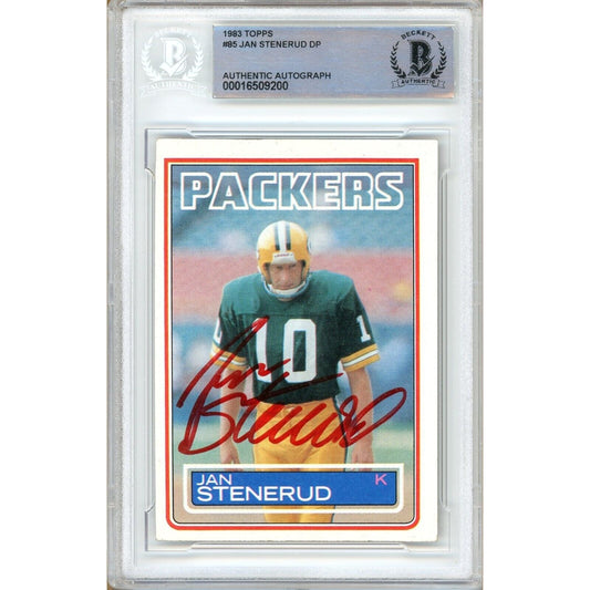 Footballs- Autographed- Jan Stenerud Green Bay Packers Signed 1983 Topps Football Card Beckett Authentic Auto Slab Front