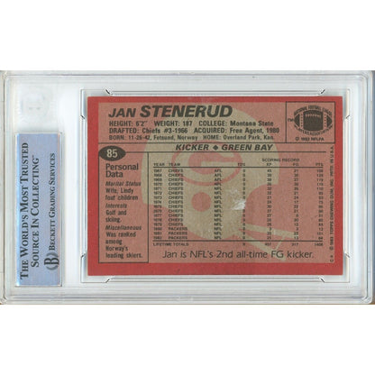 Footballs- Autographed- Jan Stenerud Green Bay Packers Signed 1983 Topps Football Card Beckett Authentic Auto Slab Back