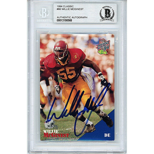 Footballs- Autographed- Willie McGinest USC Trojans Signed 1994 Classic Rookie Trading Card Beckett Authentic Auto Slab Front