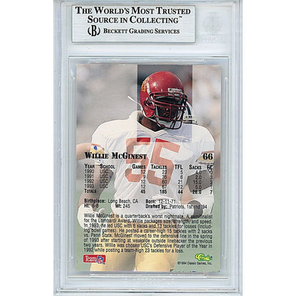 Footballs- Autographed- Willie McGinest USC Trojans Signed 1994 Classic Rookie Trading Card Beckett Authentic Auto Slab Back