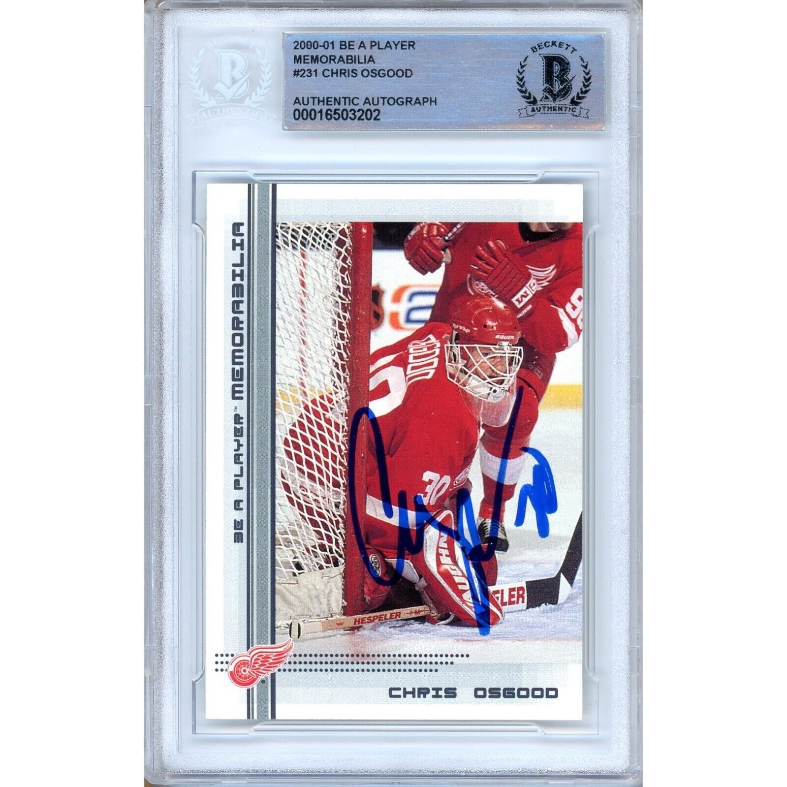 Hockey- Autographed- Chris Osgood Detroit Red Wings Signed 2000-01 BAP Be A Player Memorabilia Hockey Card Beckett Authentic Auto Slab Front