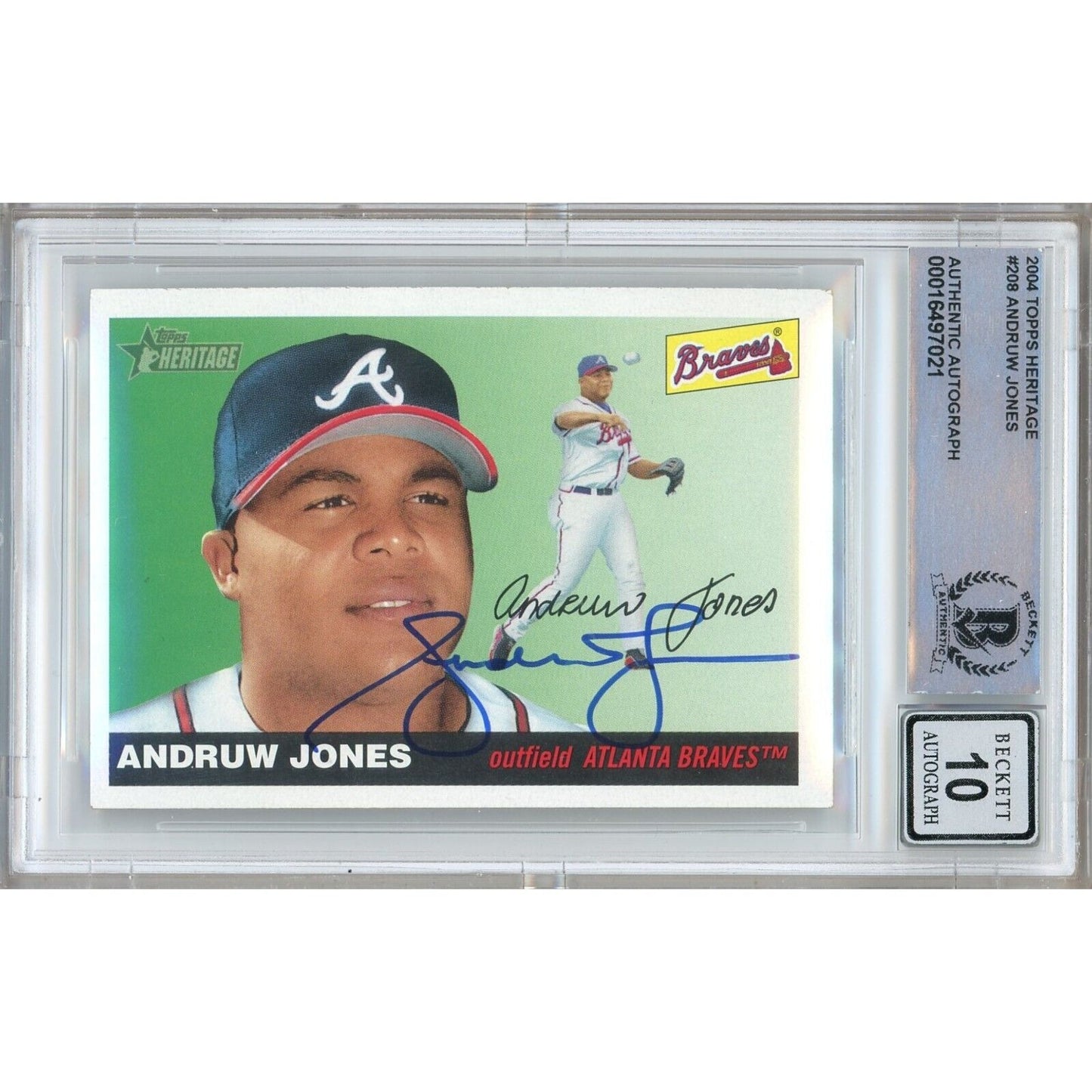 Baseballs- Autographed- Andruw Jones Atlanta Braves Signed 2004 Topps Heritage Baseball Card Beckett Authentic BGS Auto-10 Graded Slab Front