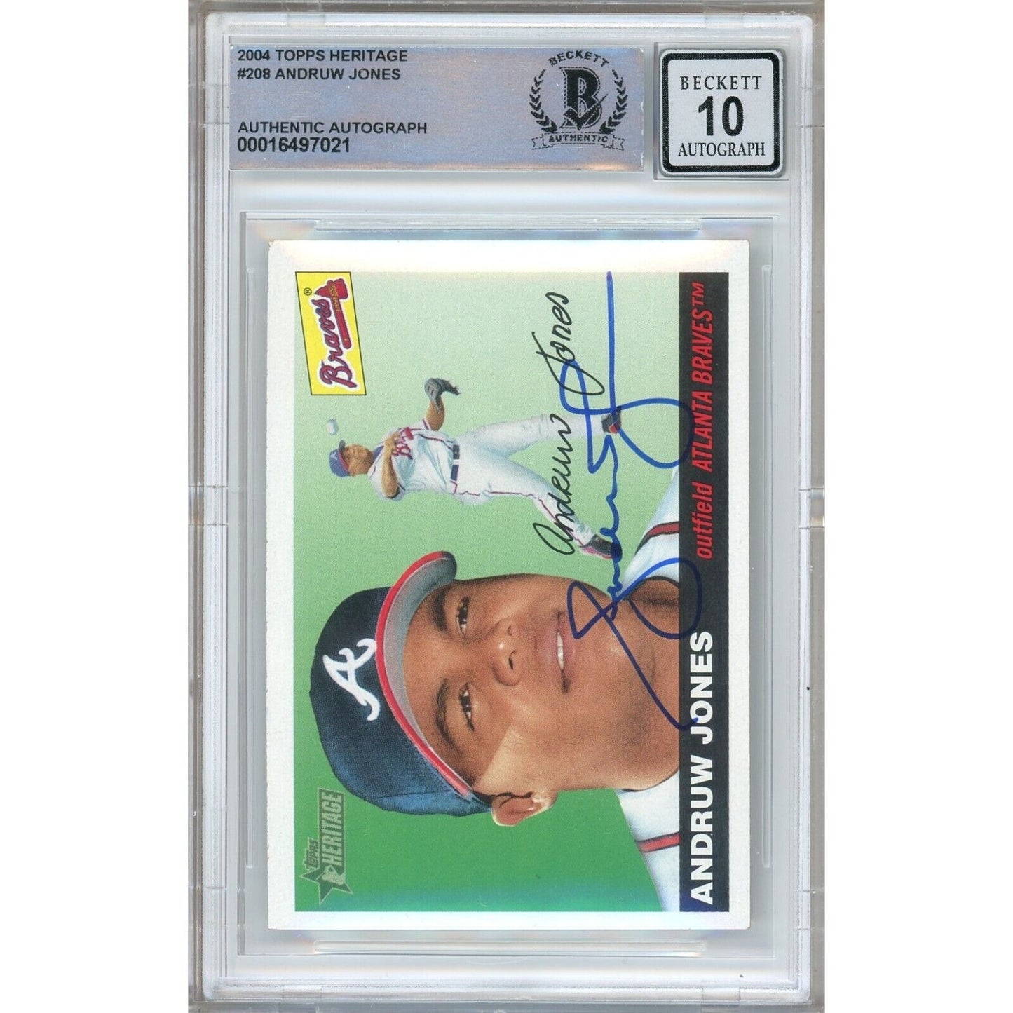 Baseballs- Autographed- Andruw Jones Atlanta Braves Signed 2004 Topps Heritage Baseball Card Beckett Authenticated BGS Auto-10 Graded Slab Front