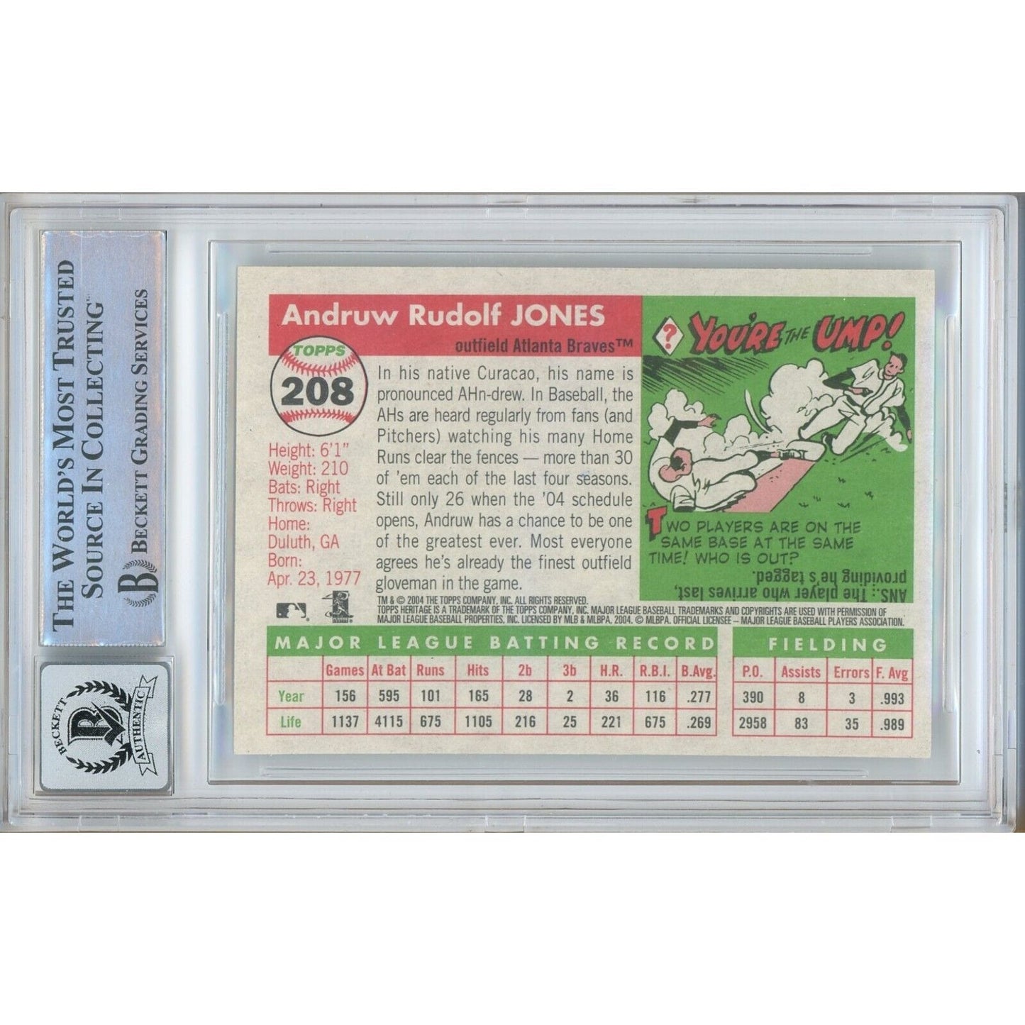 Baseballs- Autographed- Andruw Jones Atlanta Braves Signed 2004 Topps Heritage Baseball Card Beckett Authentic BGS Auto-10 Graded Slab Back