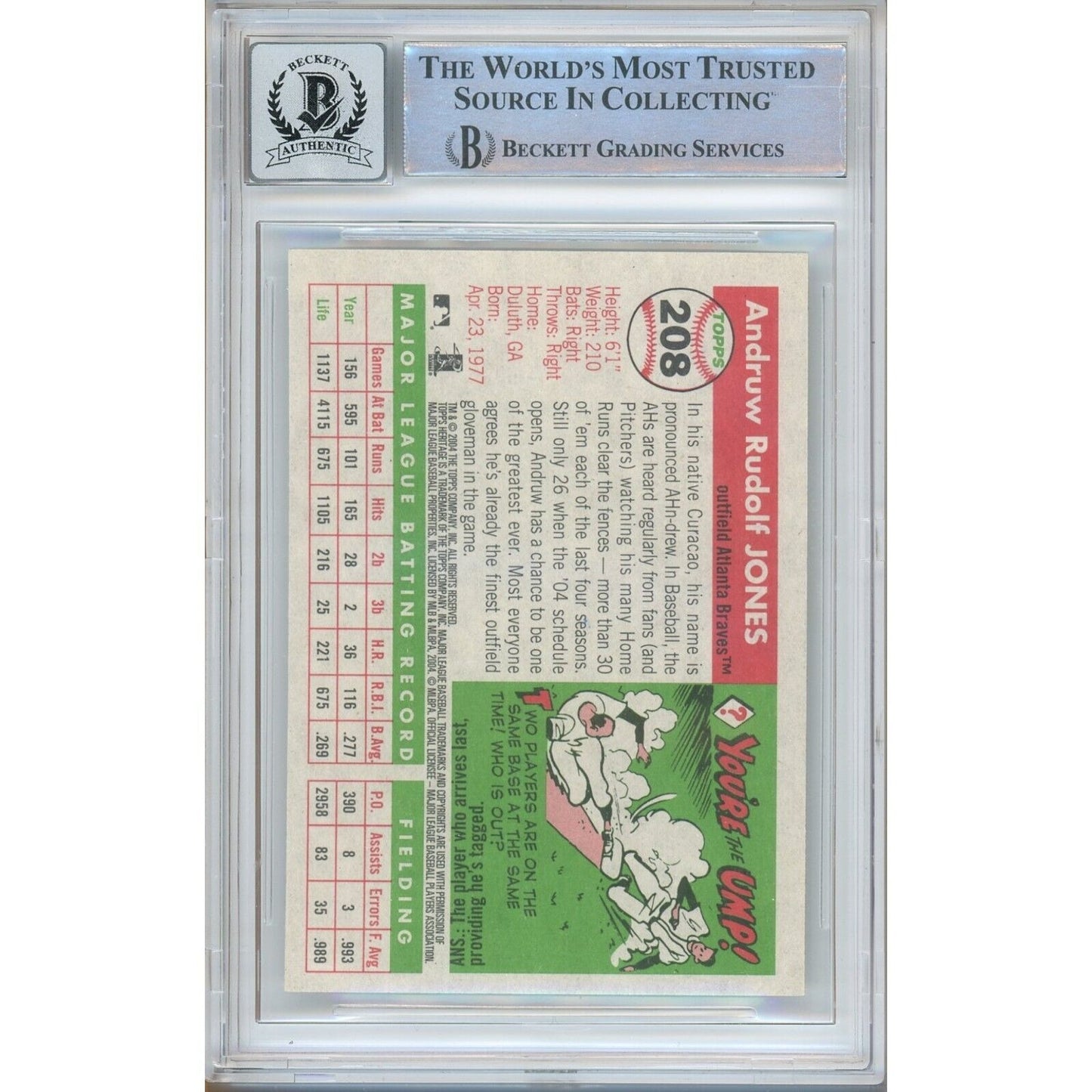 Baseballs- Autographed- Andruw Jones Atlanta Braves Signed 2004 Topps Heritage Baseball Card Beckett Authenticated BGS Auto-10 Graded Slab Back