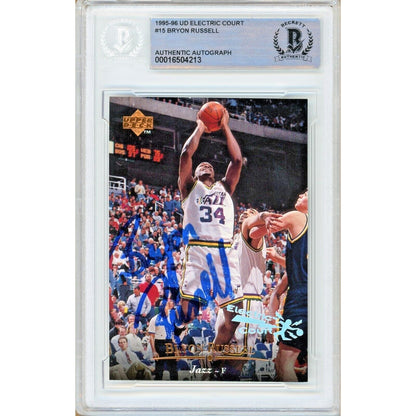 Basketballs- Autographed- Bryon Russell Utah Jazz Signed 1995-96 Upper Deck Electric Court Card Beckett Authentic Auto Slab Front