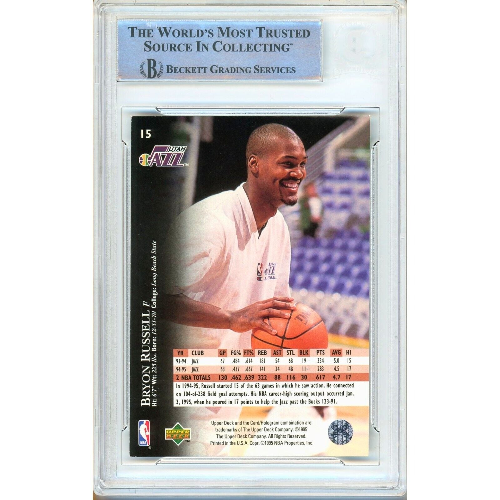 Basketballs- Autographed- Bryon Russell Utah Jazz Signed 1995-96 Upper Deck Electric Court Card Beckett Authentic Auto Slab Back