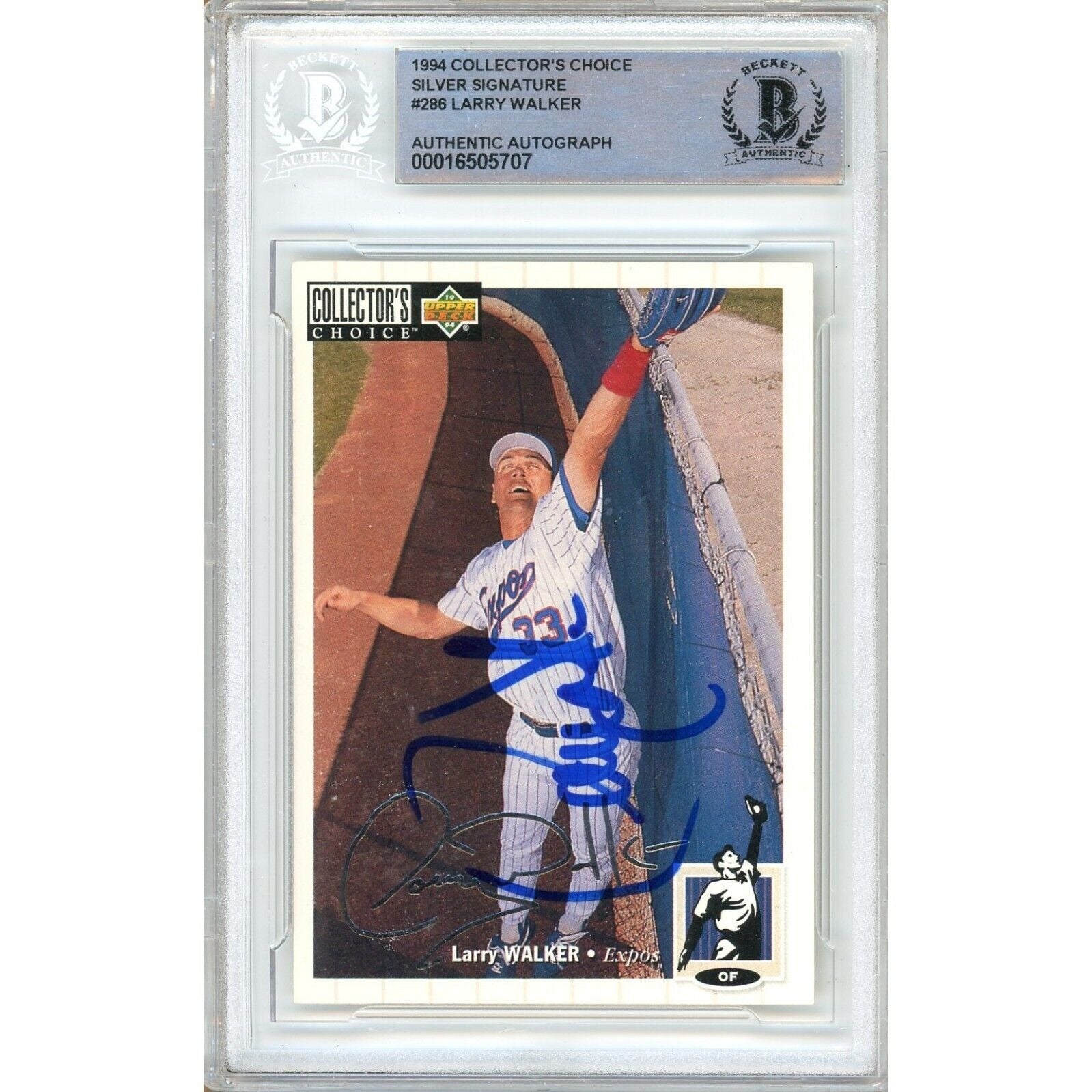 Larry Walker Montreal Expos autographed trading card – full view – Beckett COA