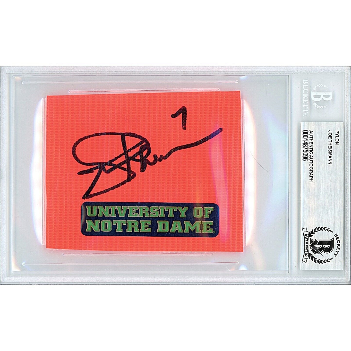 Footballs- Autographed- Joe Theismann Notre Dame Fighting Irish Signed Football End Zone Pylon Signature Cut Large Beckett Authentic Auto Slab Front