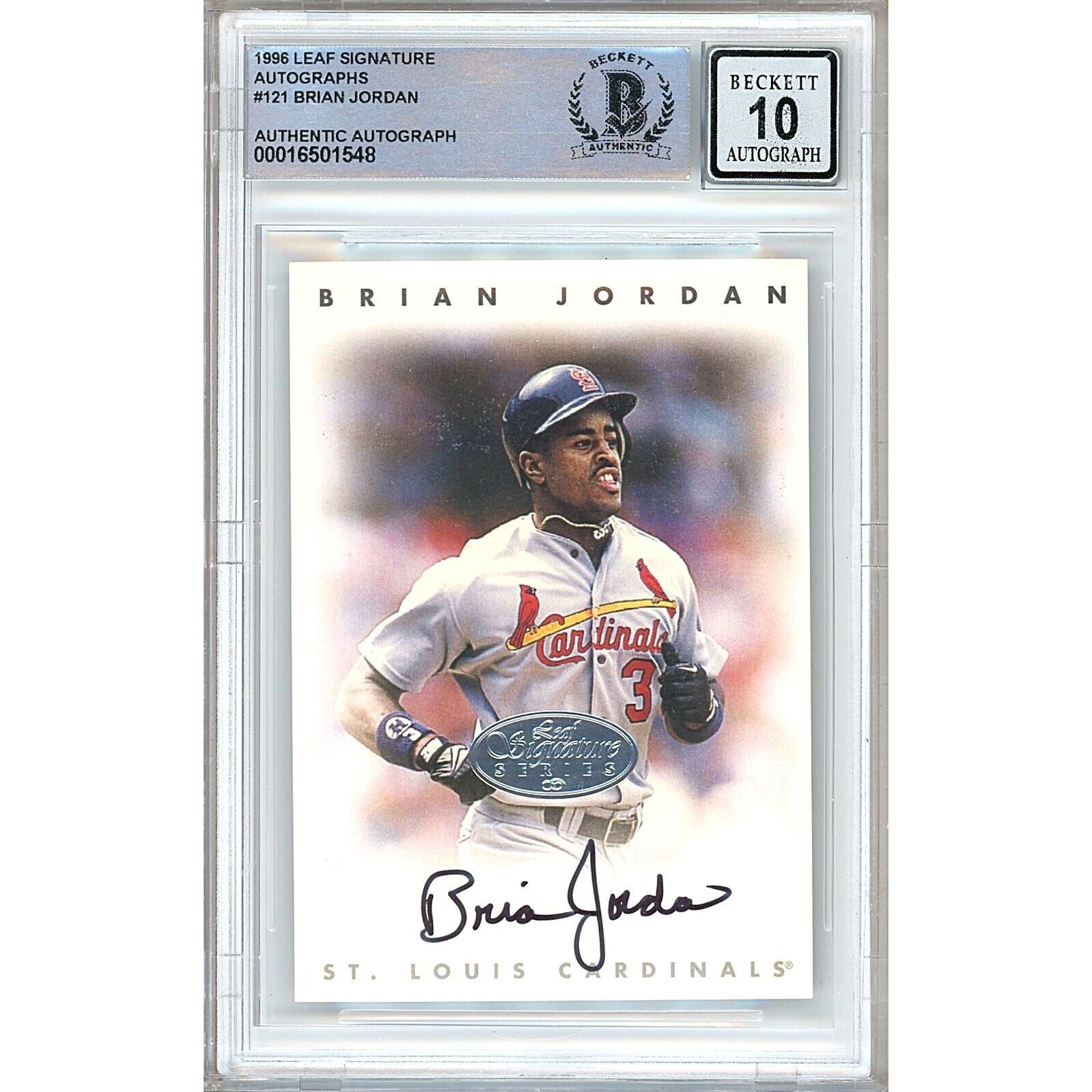 Baseballs- Autographed- Brian Jordan St Louis Cardinals Signed 1996 Leaf Signature Autographs Baseball Card Beckett Authentic BGS Auto-10 Slab Front