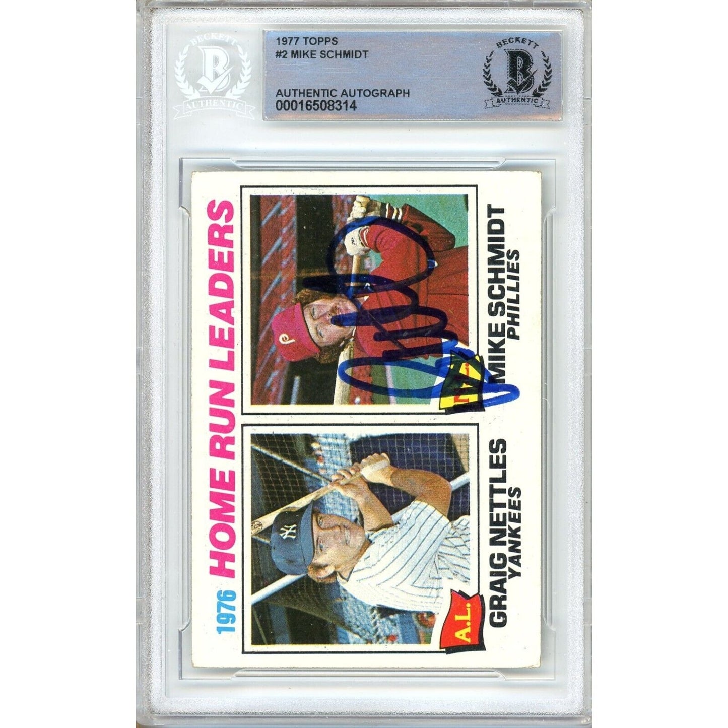 Baseballs- Autographed- Mike Schmidt Philadelphia Phillies Signed 1977 Topps Home Run Leaders Baseball Card Beckett Authenticated Auto Slab Front