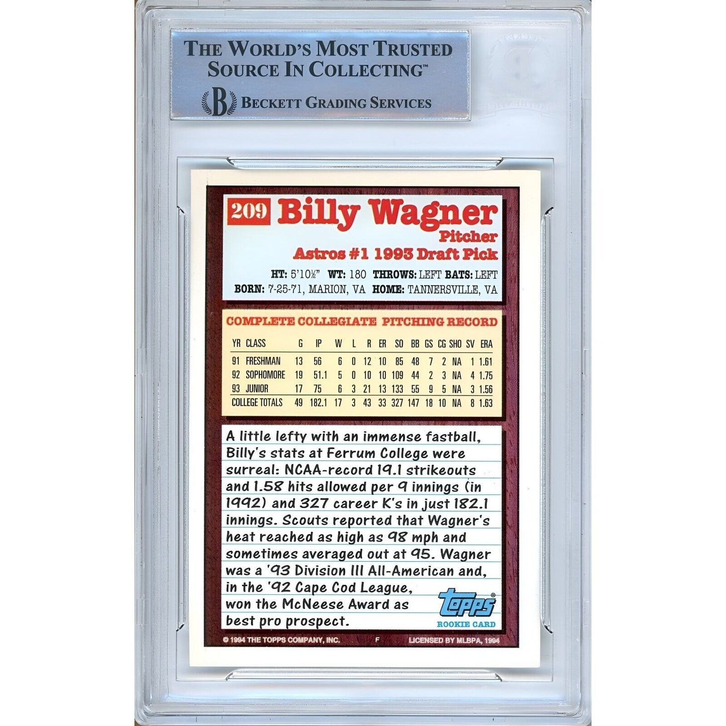 Baseballs- Autographed- Billy Wagner Houston Astros Signed 1994 Topps Rookie Baseball Card Beckett Authentic Auto Slab Back