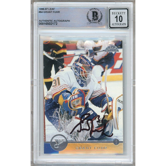 Hockey- Autographed- Grant Fuhr St Louis Blues Signed 1996-97 Leaf Hockey Card Beckett Authentic BGS Auto-10 Graded Slab Front