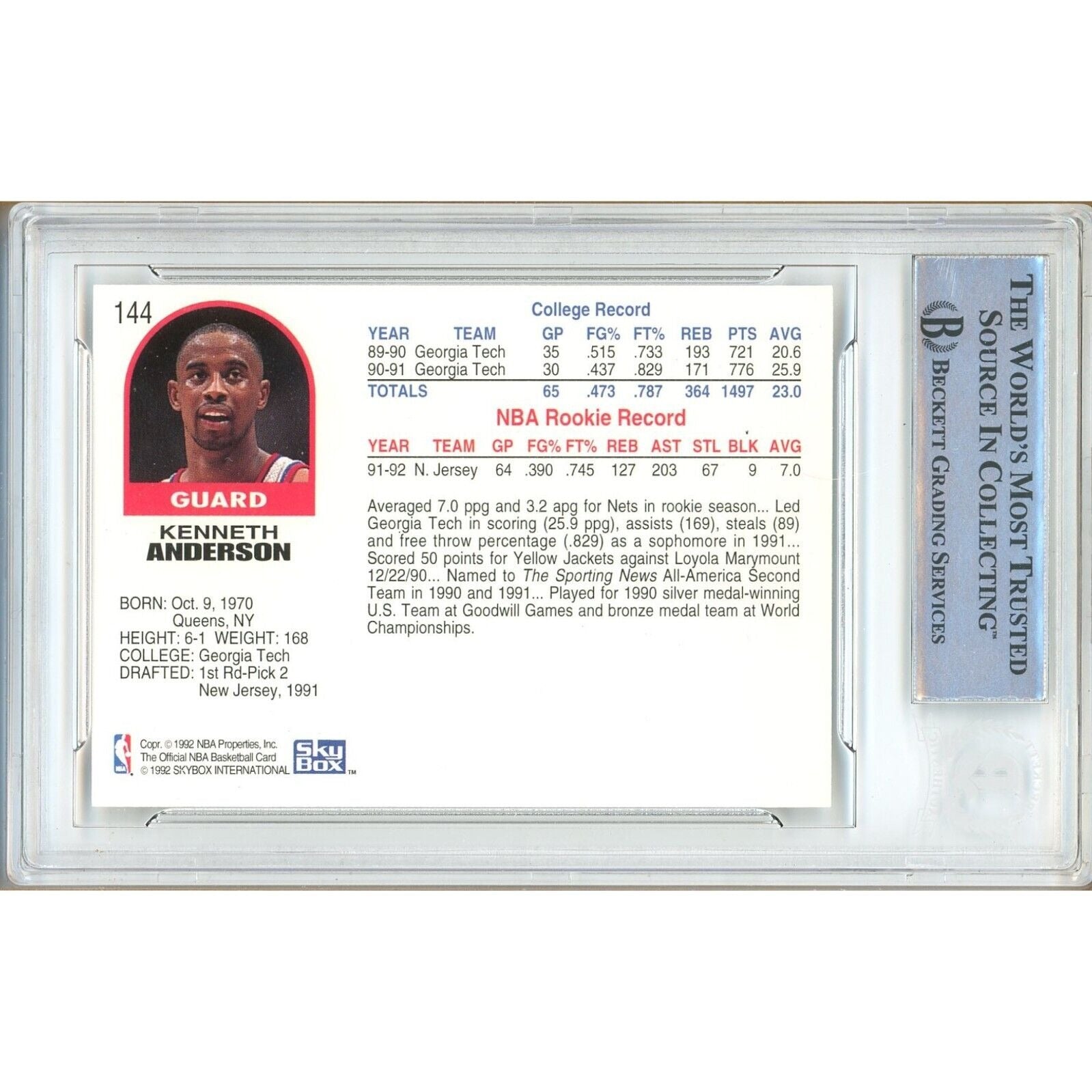 Kenny Anderson New Jersey Nets signed trading card – signature close-up – Beckett COA