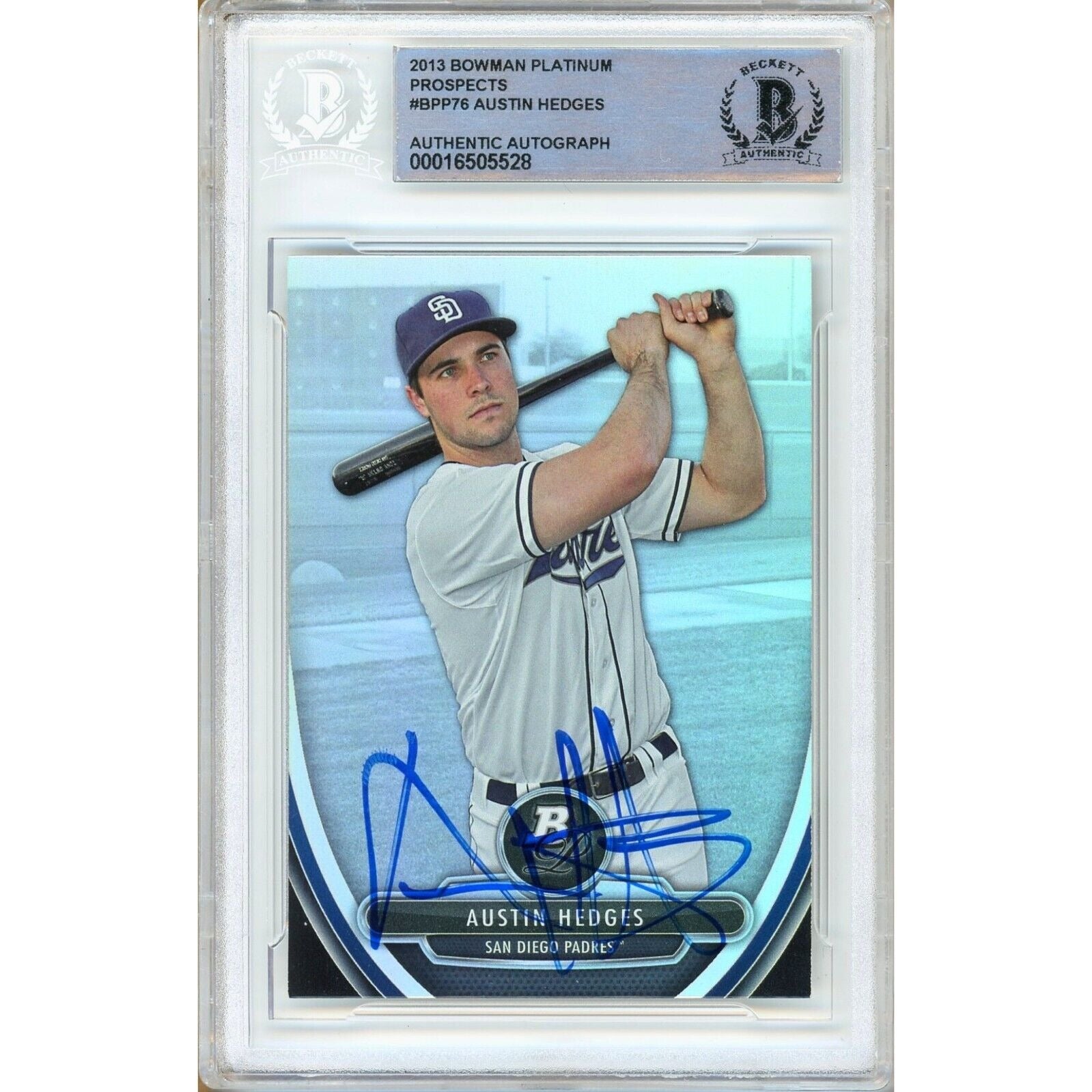 Baseballs- Autographed- Austin Hedges San Diego Padres Signed 2013 Bowman Platinum Prospects Rookie Card Beckett Authentic Auto Slab Front