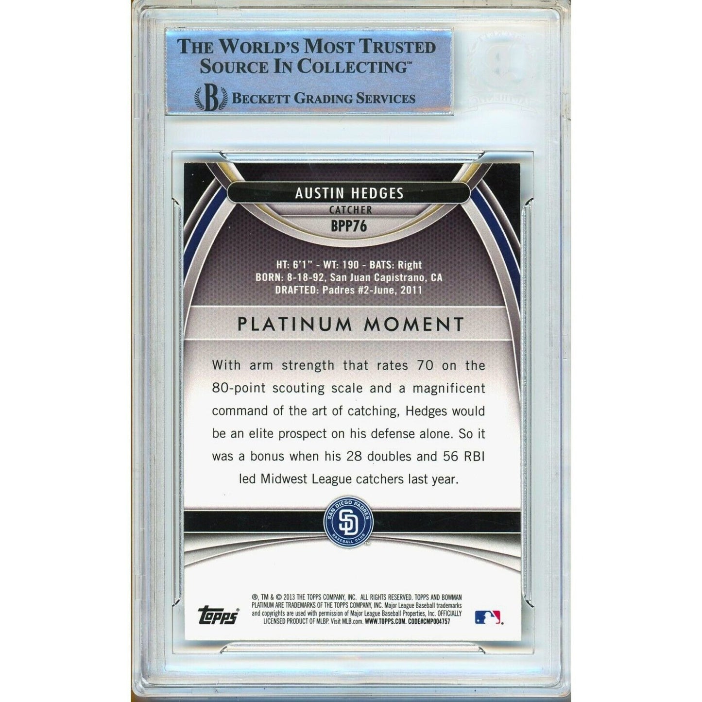 Baseballs- Autographed- Austin Hedges San Diego Padres Signed 2013 Bowman Platinum Prospects Rookie Card Beckett Authentic Auto Slab Back