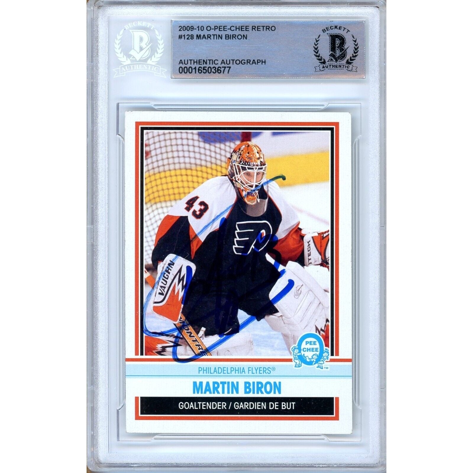 Martin Biron Philadelphia Flyers autographed trading card – full view – Beckett COA