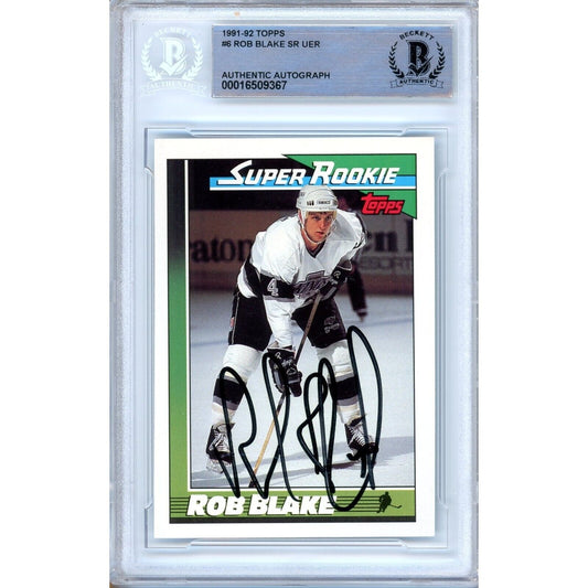 Hockey- Autographed- Rob Blake Los Angeles Kings Signed 1991-92 Topps Super Rookie Trading Card Beckett Authentic Auto Slab Front