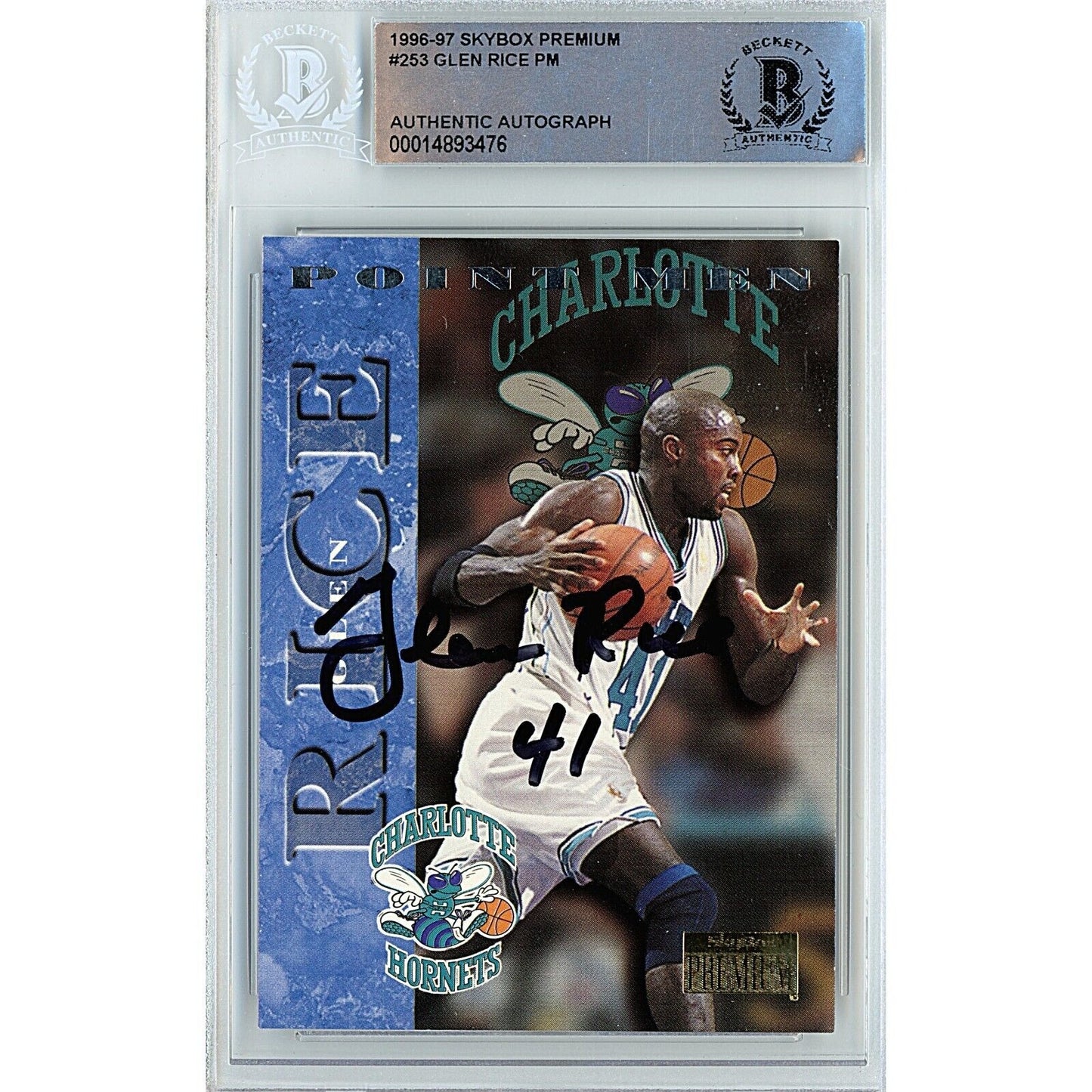 Basketballs- Autographed- Glen Rice Charlotte Hornets Signed 1996-97 Skybox Premium Basketball Card Beckett Authentic Auto Slab Front