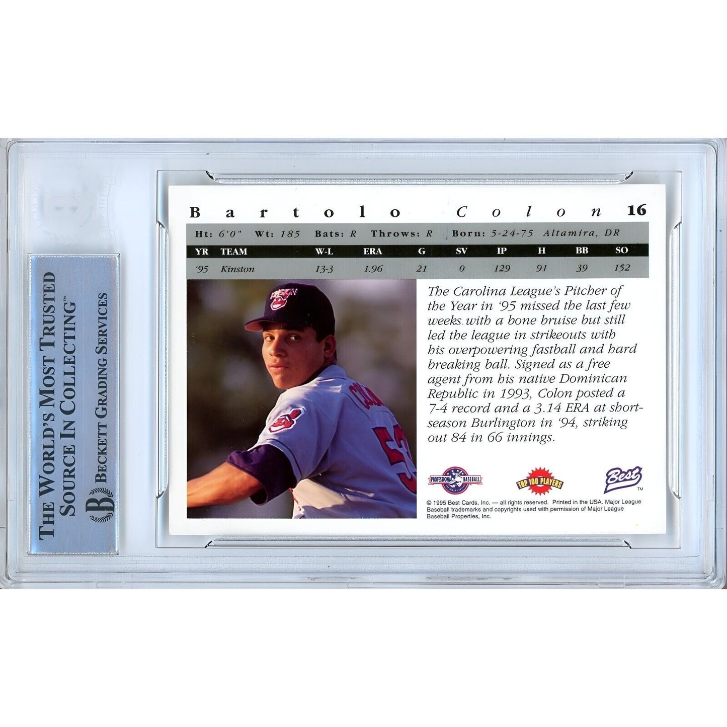 Baseballs- Autographed- Bartolo Colon Cleveland Indians (Guardians) Signed 1995 Team Best Rookie Baseball Card Beckett Authentic Auto Slab Back