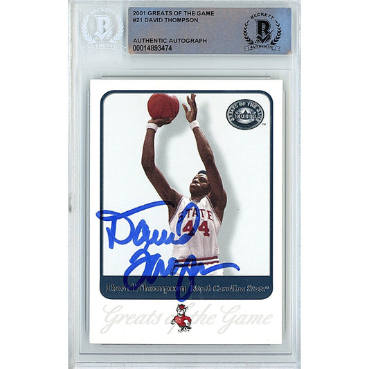 Basketballs- Autographed- David Thompson NC State Wolfpack Signed 2001 Greats of the Game Basketball Card Beckett Authentic Auto Slab Front