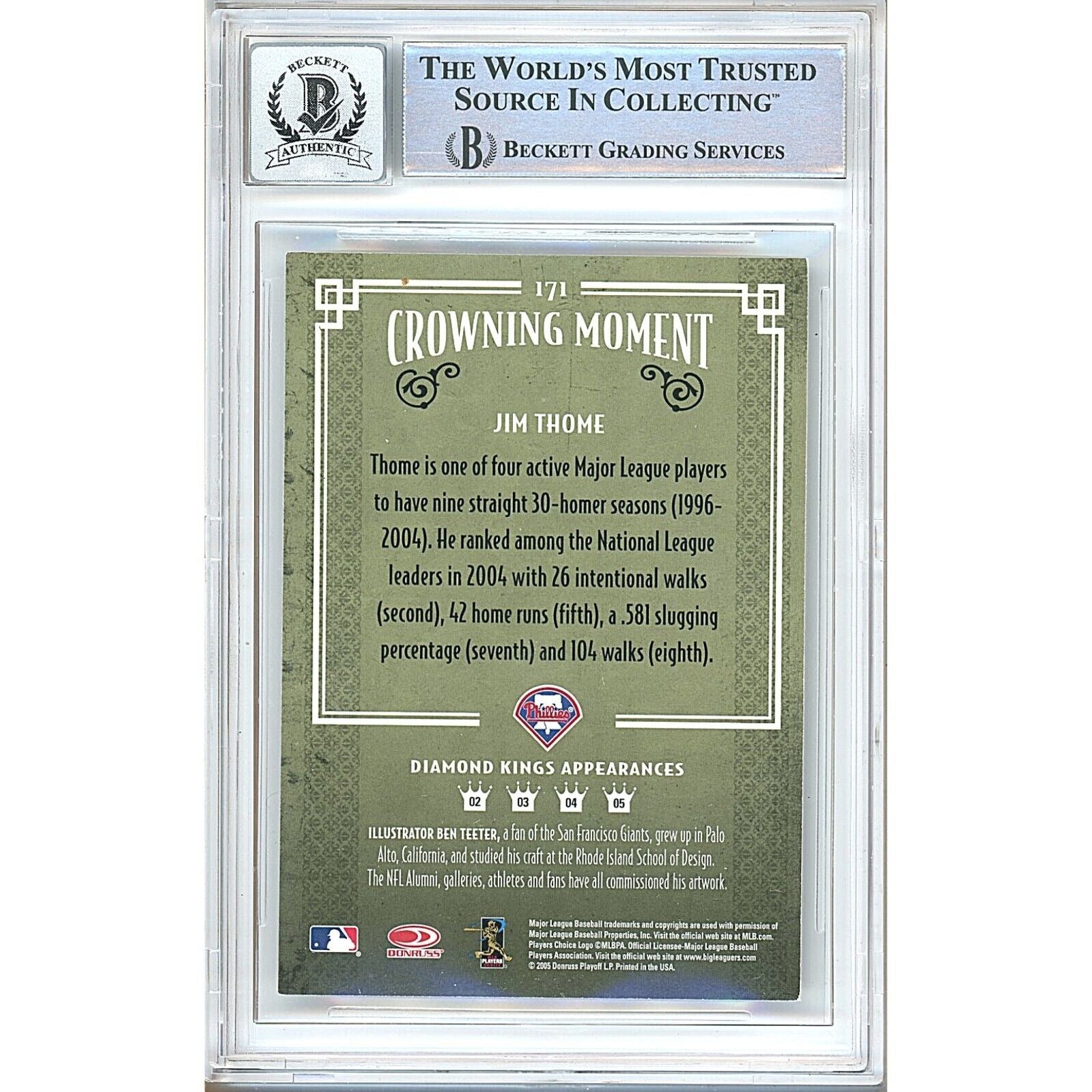 Baseballs- Autographed- Jim Thome Philadelphia Phillies Signed 2005 Donruss Diamond Kings Baseball Card Beckett Authentic BGS Auto-10 Graded Slab Back