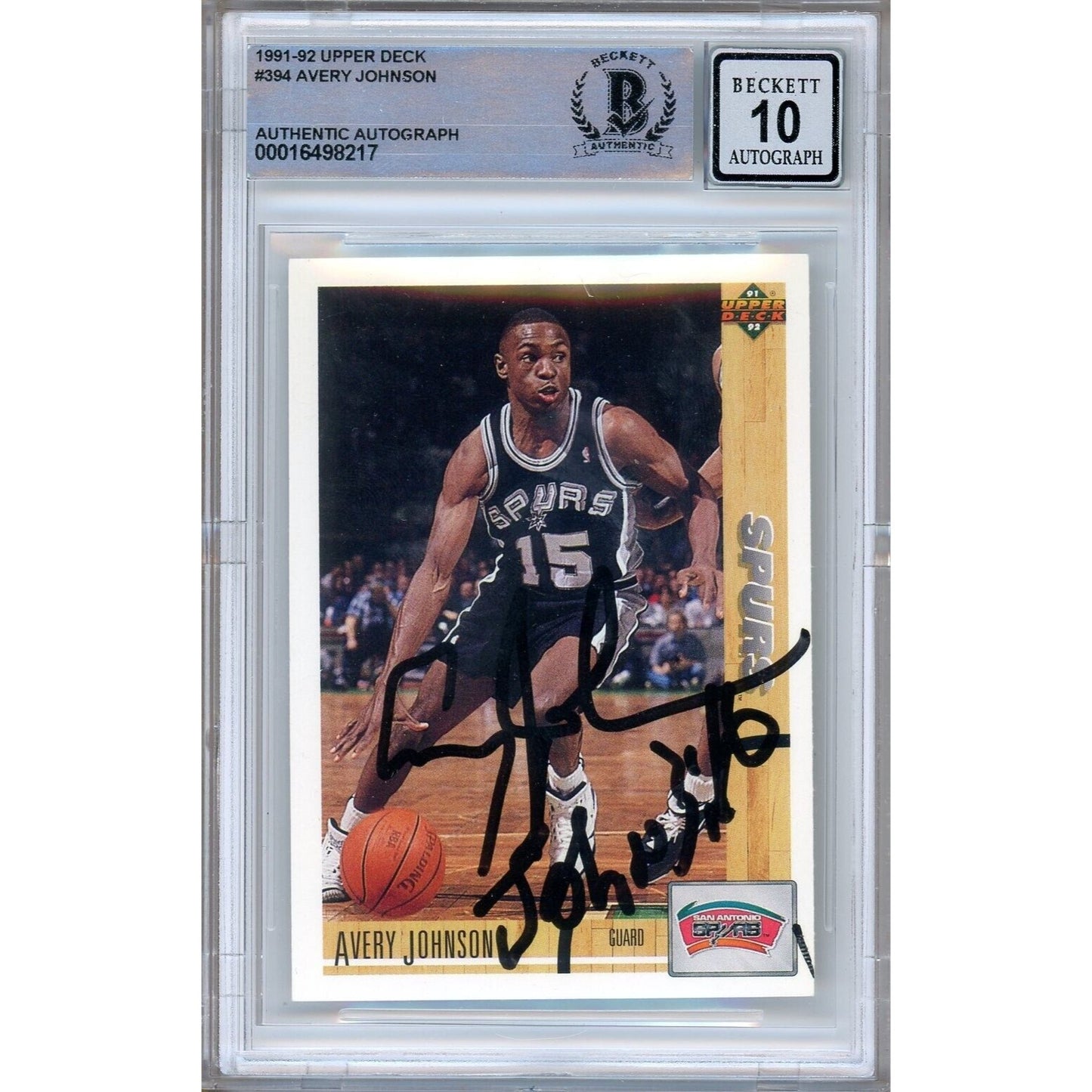 Basketballs- Autographed- Avery Johnson San Antonio Spurs Signed 1991-92 Upper Deck Basketball Card Beckett Authentic BGS Auto-10 Graded Slab Front