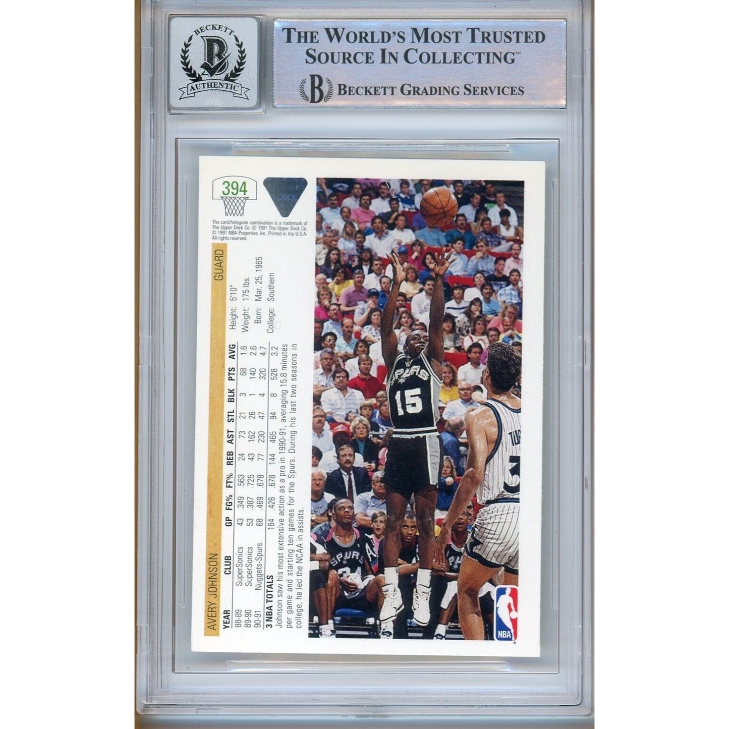 Basketballs- Autographed- Avery Johnson San Antonio Spurs Signed 1991-92 Upper Deck Basketball Card Beckett Authentic BGS Auto-10 Graded Slab Back