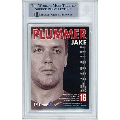 Footballs- Autographed- Jake The Snake Plummer Arizona Cardinals Signed 1998 Skybox Premium Football Card Beckett Authentic Auto Slab Back