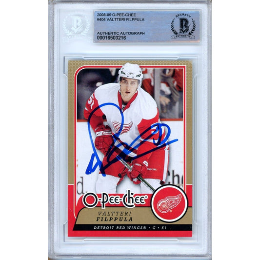 Hockey- Autographed- Valtteri Filppula Detroit Red Wings Signed 2008-09 O-Pee-Chee Trading Card Beckett Authentic Auto Slab Front