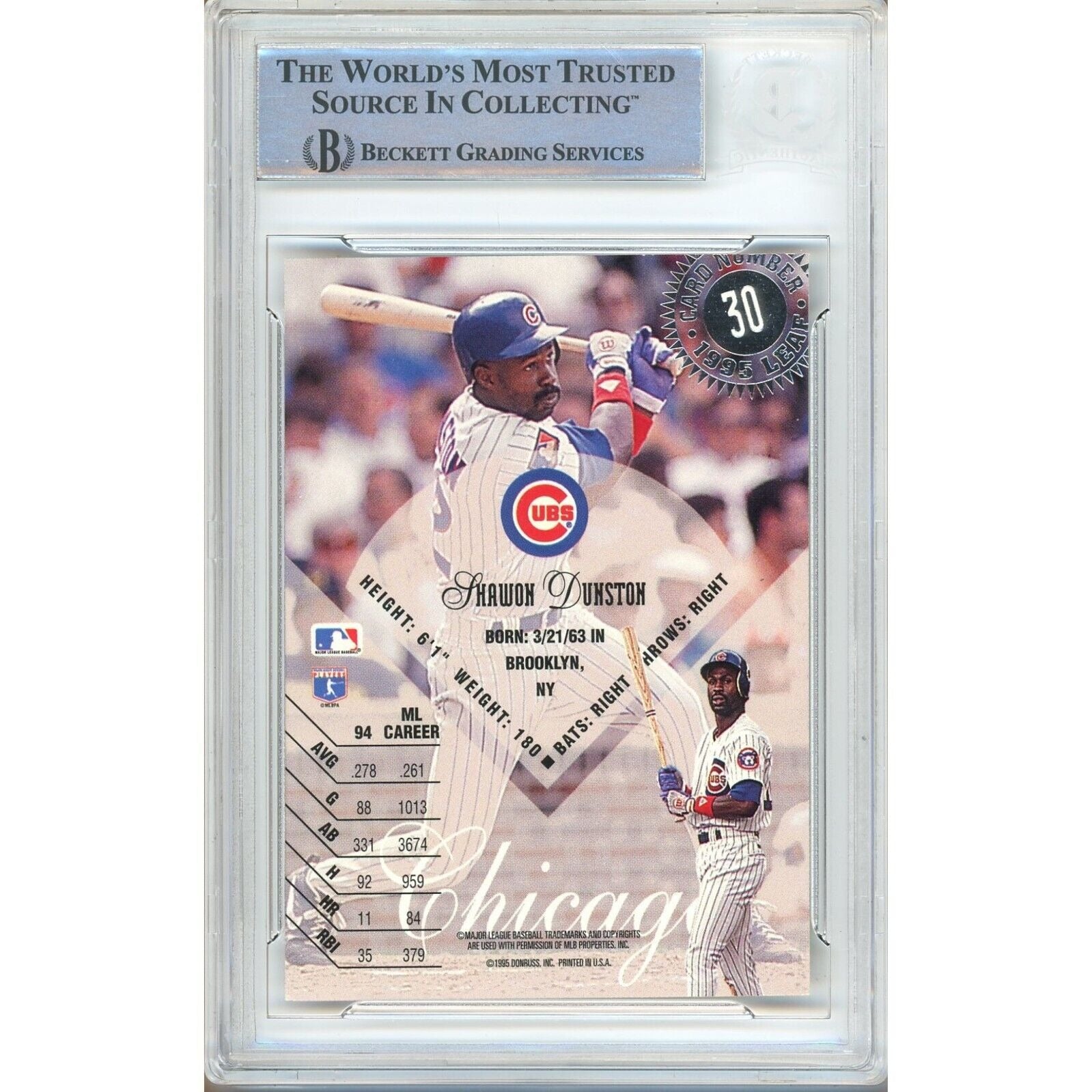 Shawon Dunston Chicago Cubs signed trading card – signature close-up – Beckett COA