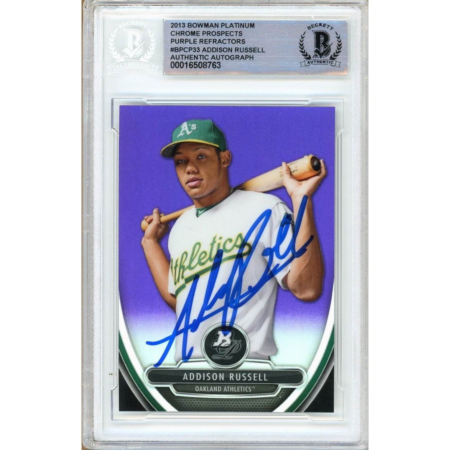 Baseballs- Autographed- Addison Russell Signed 2013 Bowman Platinum Chrome Prospects Purple Refractor Beckett Auth Auto Slab Front