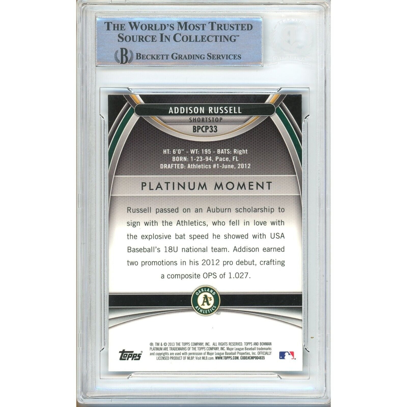 2013 Bowman Addison Russell Cubs Signed Trading Card – Beckett BAS