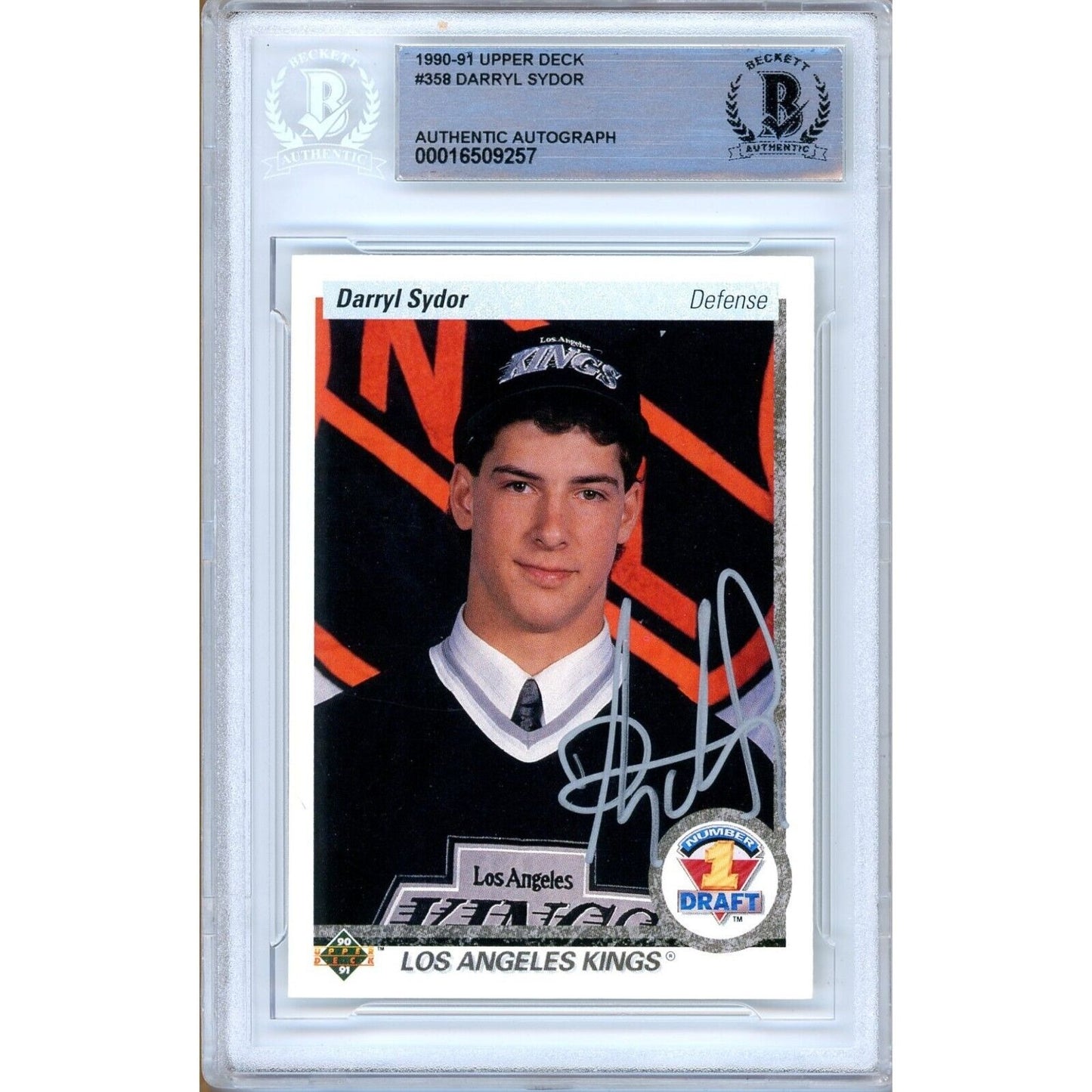 Hockey- Autographed- Darryl Sydor Los Angeles Kings Signed 1990-91 Upper Deck Hockey Rookie Card Beckett Authentic Auto Slab Front