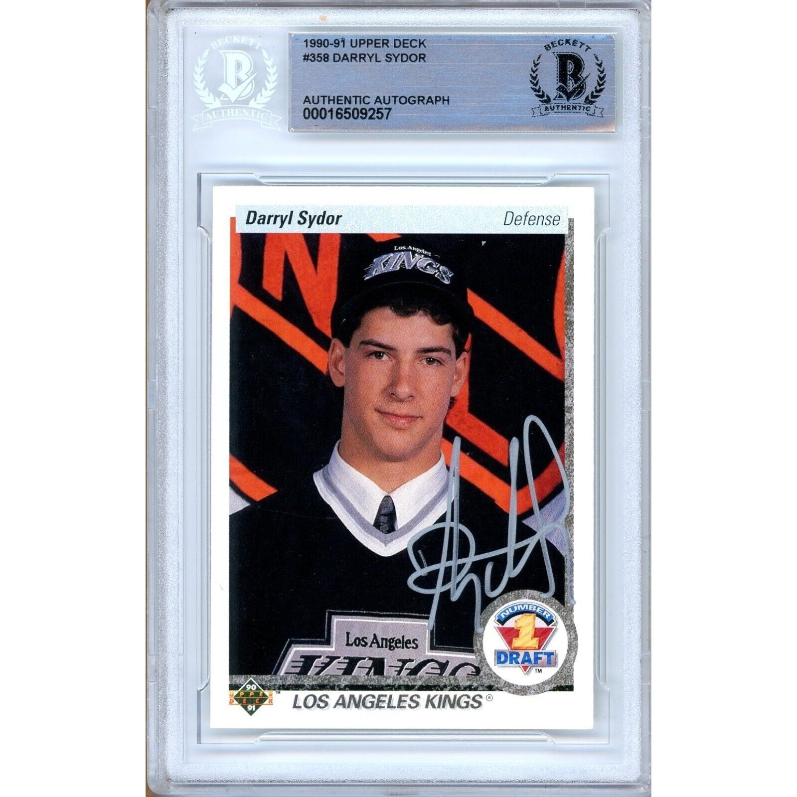 Hockey- Autographed- Darryl Sydor Los Angeles Kings Signed 1990-91 Upper Deck Hockey Rookie Card Beckett Authentic Auto Slab Front