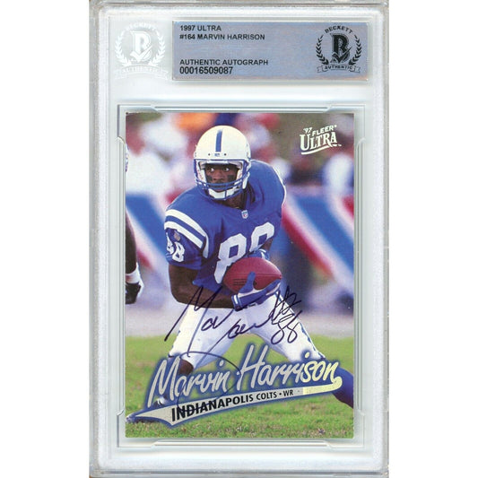 Footballs- Autographed- Marvin Harrison Indianapolis Colts Signed 1997 Fleer Ultra Football Card Beckett Authentic Auto Slab Front