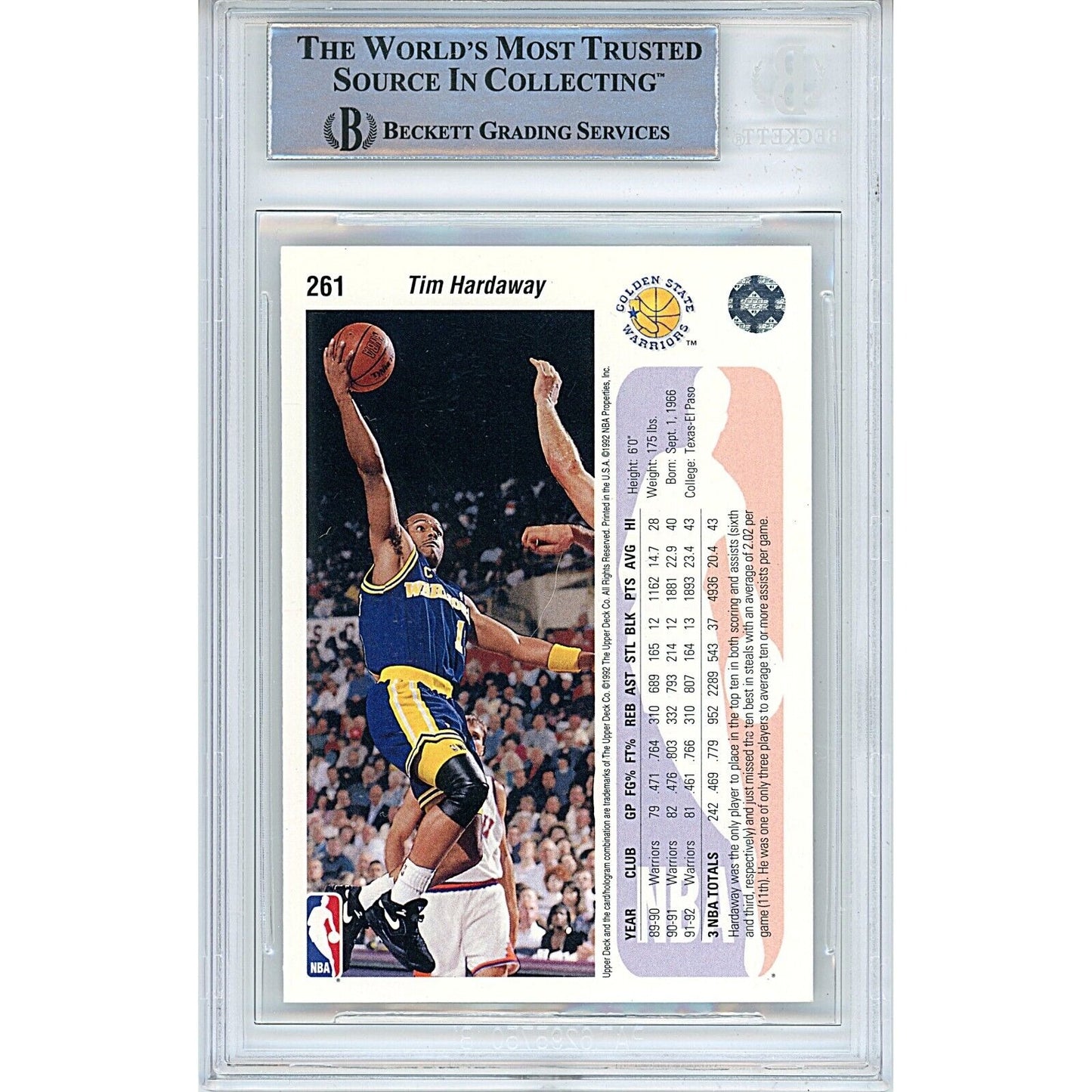 Basketballs- Autographed- Tim Hardaway Golden State Warriors Signed 1992-93 Upper Deck Trading Card Beckett Authentic Auto Slab Back