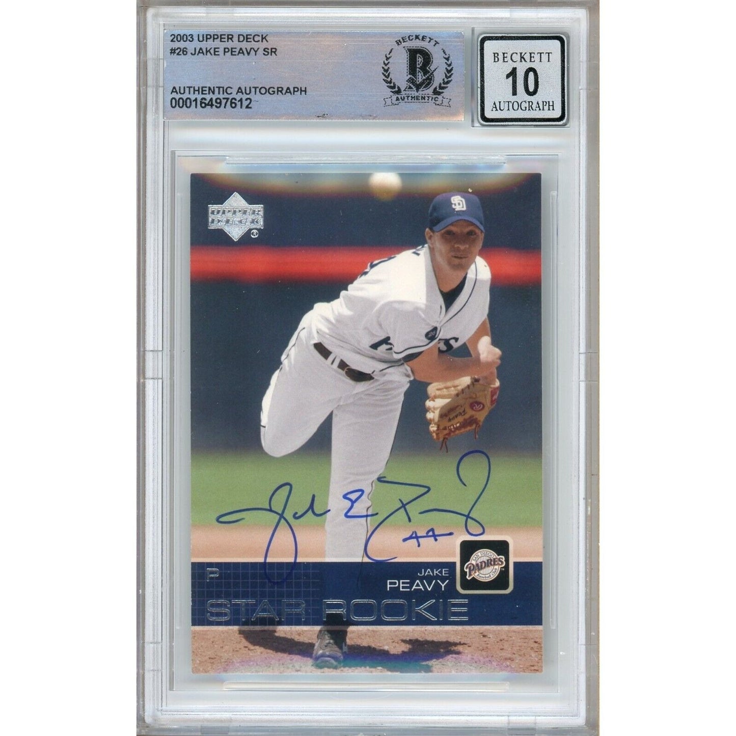 Baseballs- Autographed- Jake Peavy San Diego Padres Signed 2003 Upper Deck Star Rookie Baseball Card Beckett Authentic BGS Auto-10 Graded Slab Front