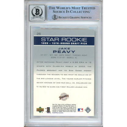 Baseballs- Autographed- Jake Peavy San Diego Padres Signed 2003 Upper Deck Star Rookie Baseball Card Beckett Authentic BGS Auto-10 Graded Slab Back