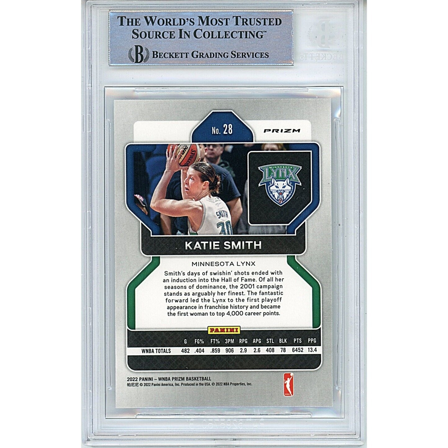 Basketballs- Autographed- Katie Smith Minnesota Lynx Signed 2022 Panini Prizm WNBA Basketball Card Beckett Authentic Auto Slab Back